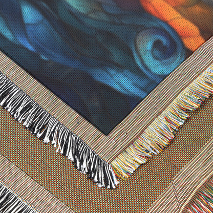 Stained Glass Cross with Waves and Sunset Glow Woven Throw Blanket for Cozy Home Decor - Awakening Righteousness