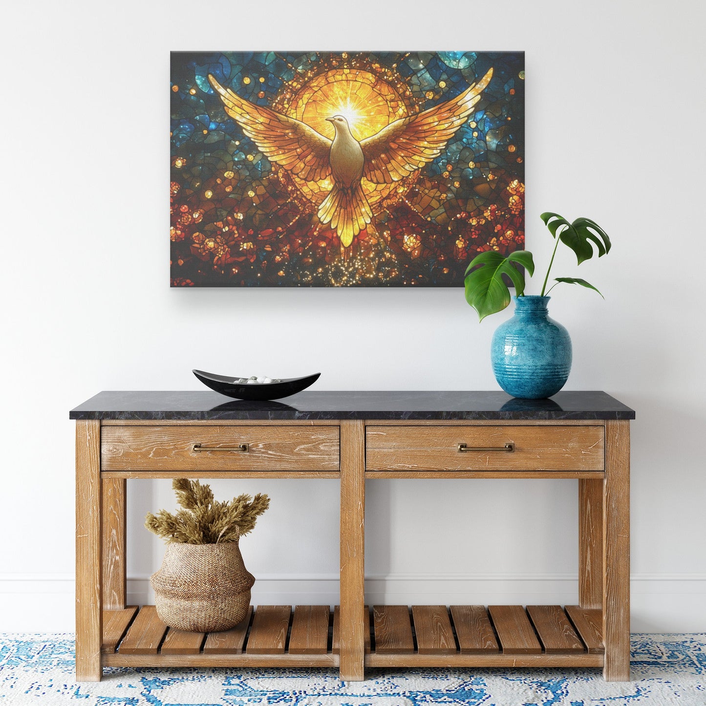 Stained Glass Dove Canvas Wall Art Radiating Divine Light Symbolizing Peace Hope and Spiritual Inspiration - Awakening Righteousness