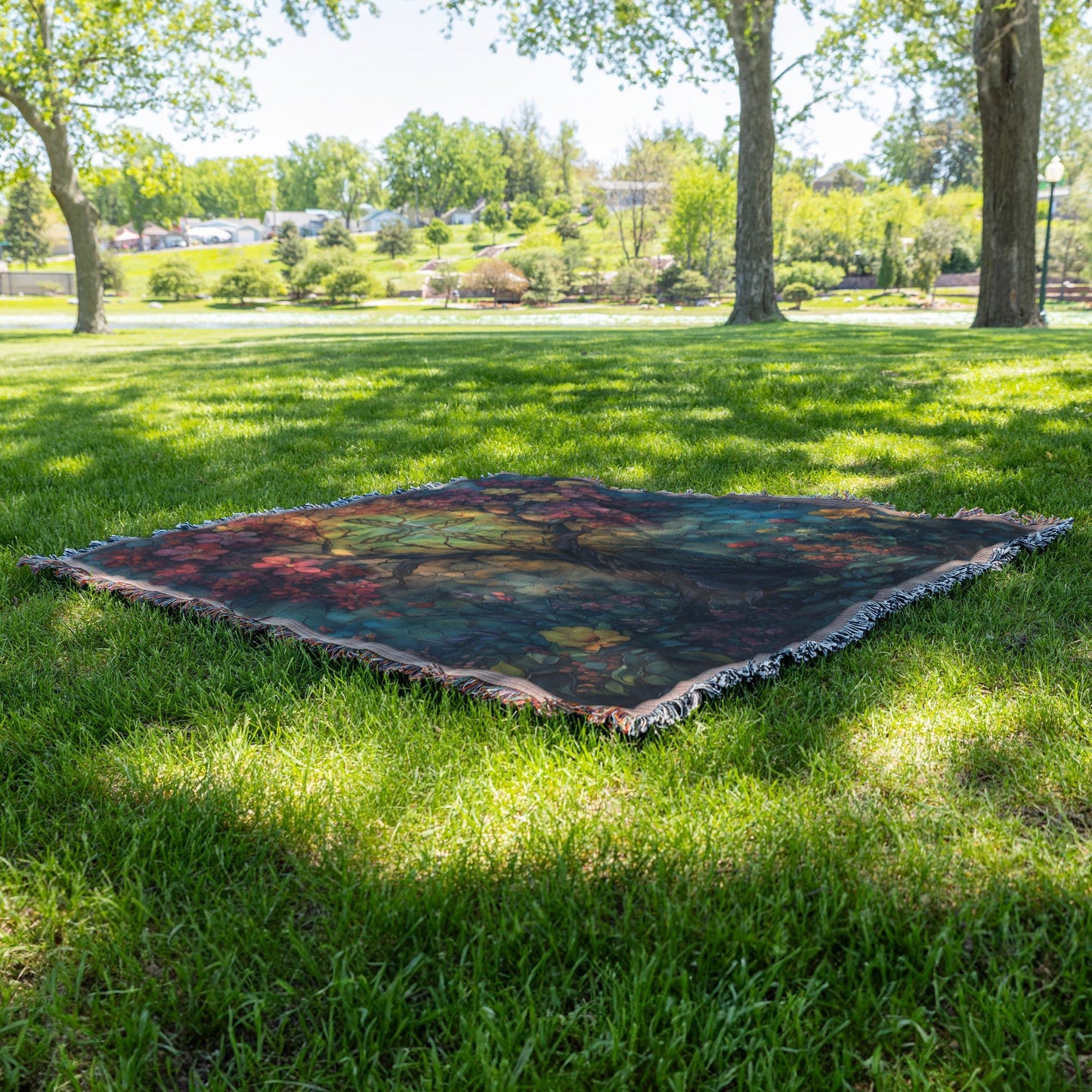 Stained Glass Tree of Life with Cross and Vibrant Flowers Woven Throw Blanket for Home Decor - Awakening Righteousness