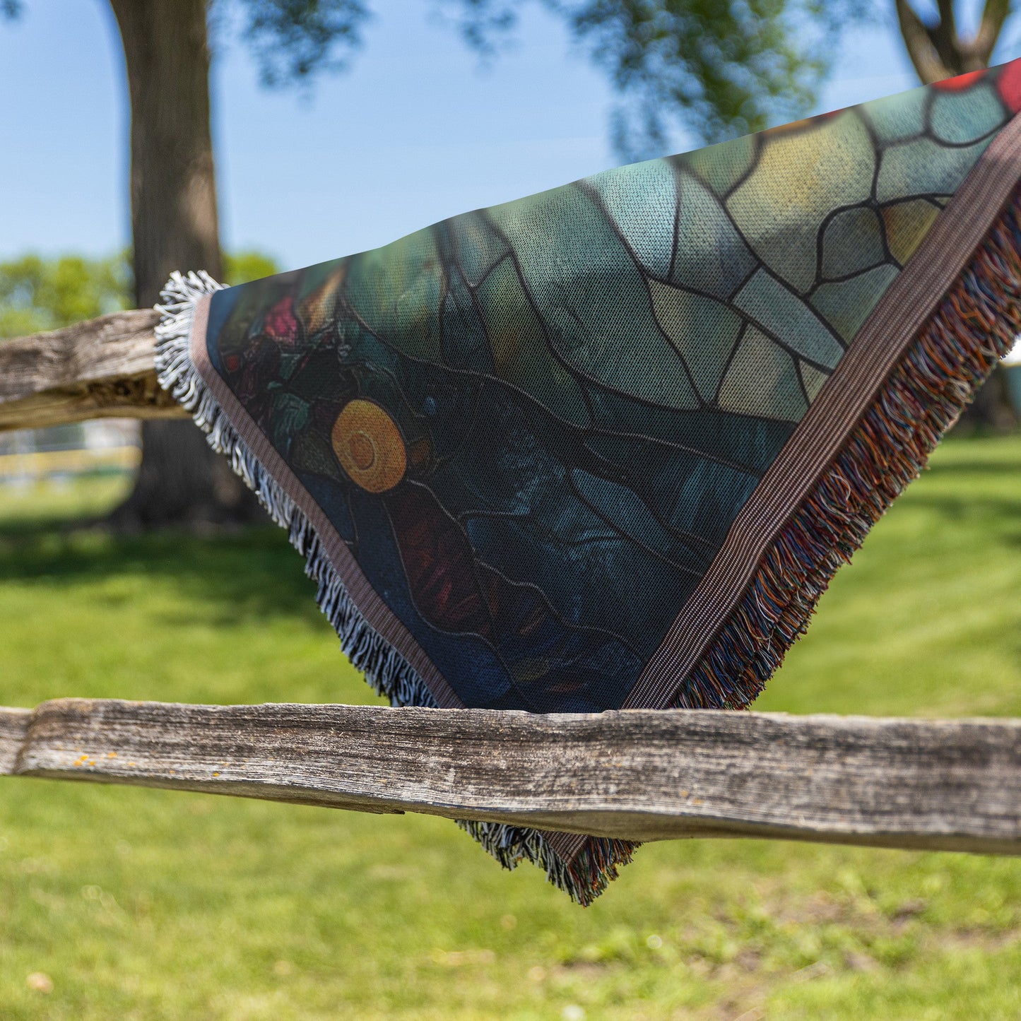 Stained Glass Tree of Life with Red and Orange Leaves and Sunset Woven Throw Blanket for Cozy Home Decor - Awakening Righteousness