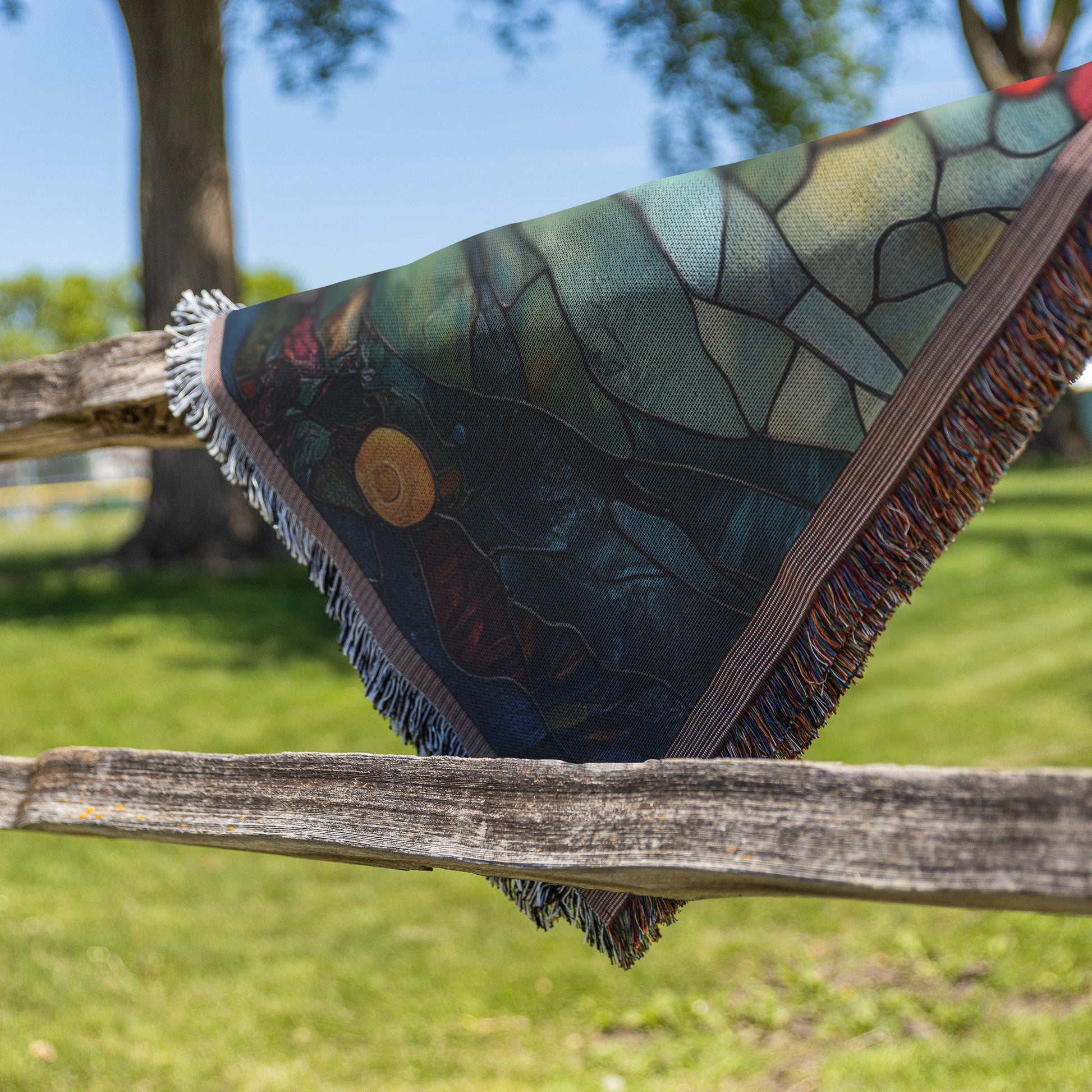Stained Glass Tree of Life with Red and Orange Leaves and Sunset Woven Throw Blanket for Cozy Home Decor - Awakening Righteousness