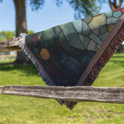 Stained Glass Tree of Life with Red and Orange Leaves and Sunset Woven Throw Blanket for Cozy Home Decor - Awakening Righteousness