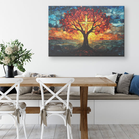 Stained Glass Tree with Cross and Vibrant Sunset Over Ocean Canvas Wall Art for Christian Decor - Awakening Righteousness