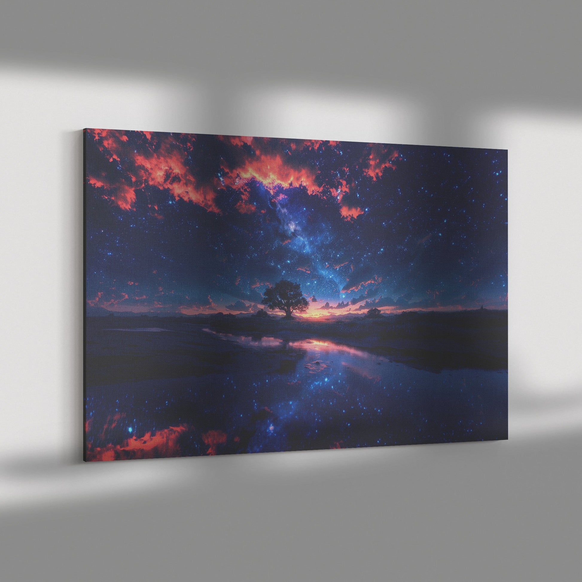 Starlit Night Sky with Tree Reflection in Tranquil Waters Canvas Wall Art Decor - Awakening Righteousness