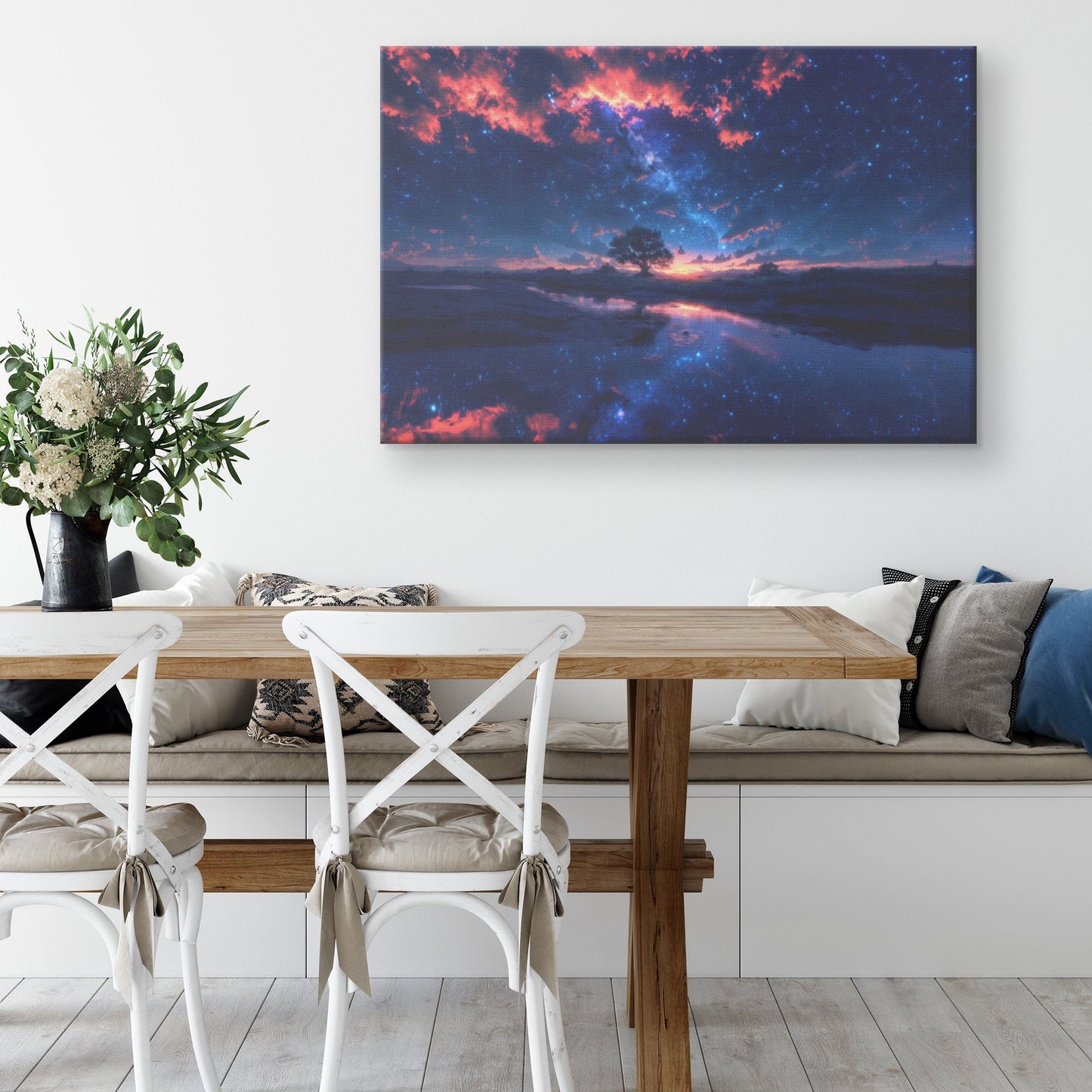 Starlit Night Sky with Tree Reflection in Tranquil Waters Canvas Wall Art Decor - Awakening Righteousness