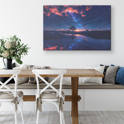 Starlit Night Sky with Tree Reflection in Tranquil Waters Canvas Wall Art Decor - Awakening Righteousness