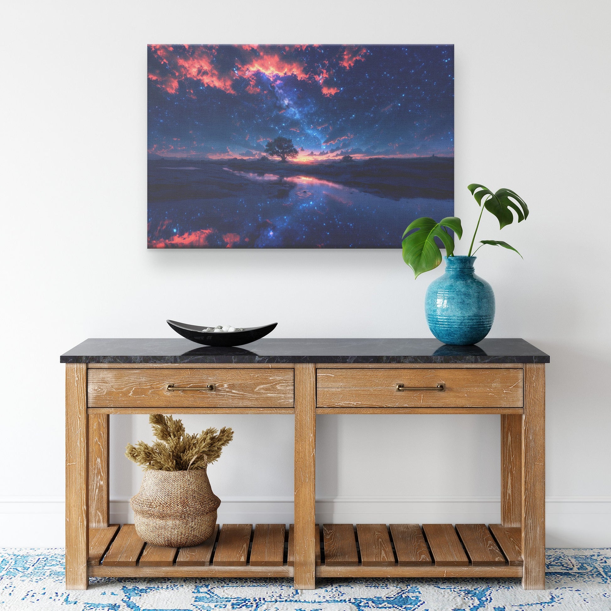 Starlit Night Sky with Tree Reflection in Tranquil Waters Canvas Wall Art Decor - Awakening Righteousness