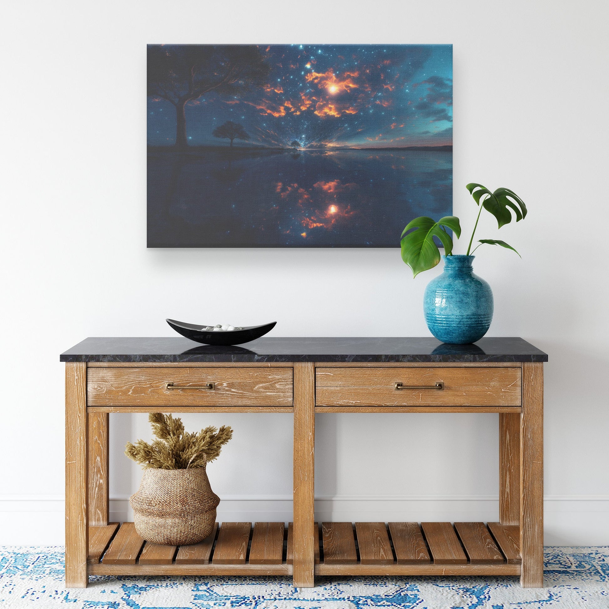 Starry Night Reflection Over Tranquil Lake Cosmic Landscape Canvas Wall Art Decor for Home or Office - Awakening Righteousness