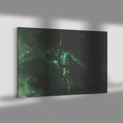 Stunning Female Night Elf Hunter in Green and Silver Armor with Glowing Bow Stars and Light Trails Canvas Wall Art - Awakening Righteousness