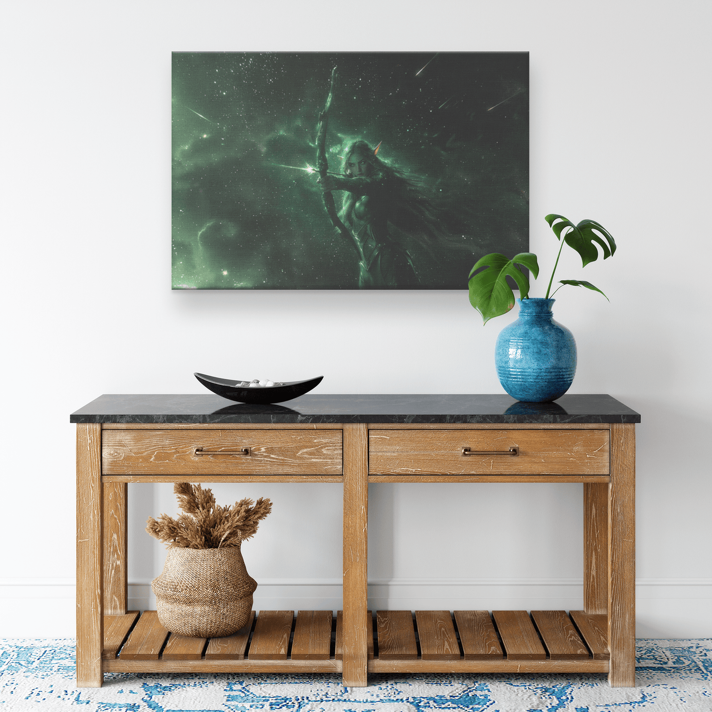 Stunning Female Night Elf Hunter in Green and Silver Armor with Glowing Bow Stars and Light Trails Canvas Wall Art - Awakening Righteousness