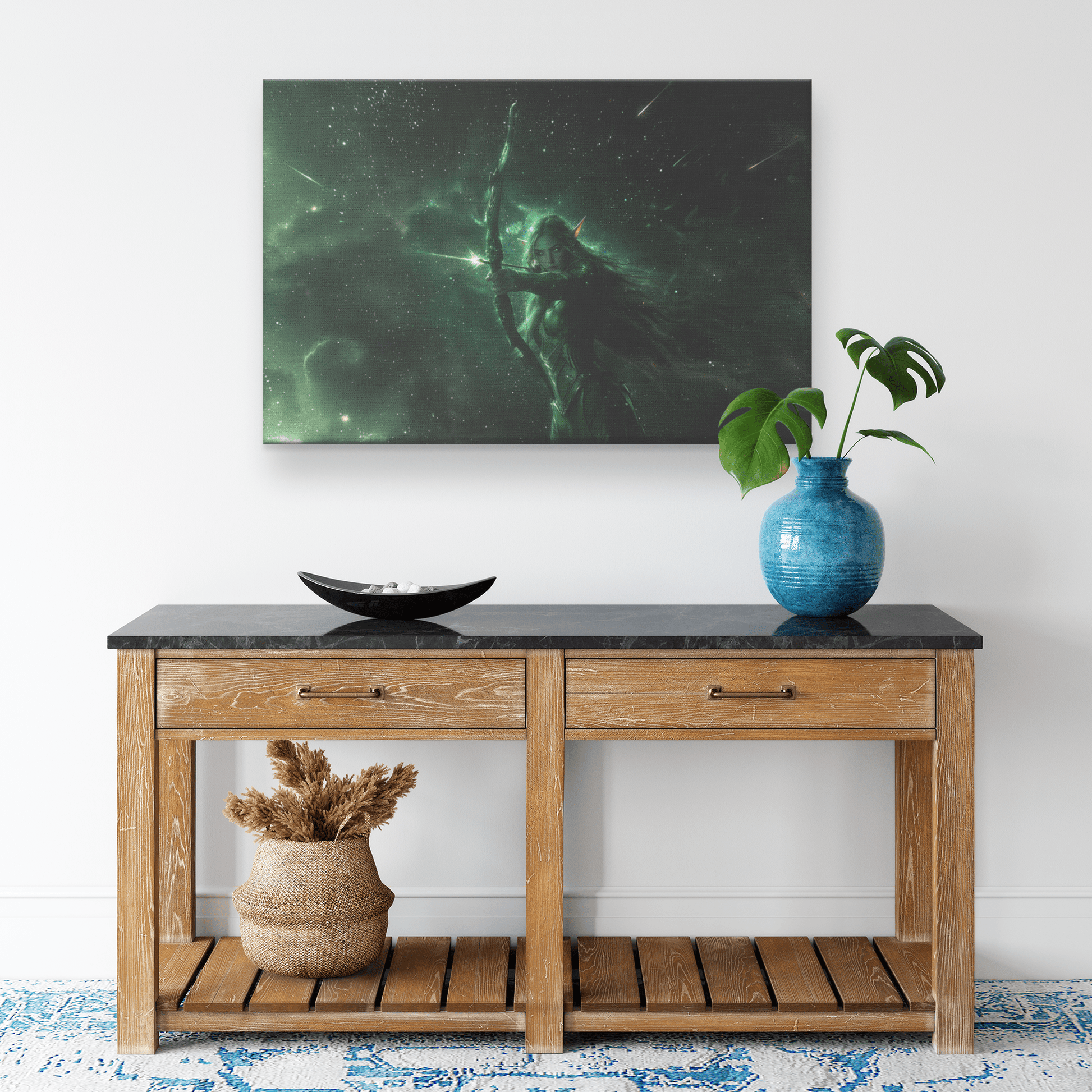 Stunning Female Night Elf Hunter in Green and Silver Armor with Glowing Bow Stars and Light Trails Canvas Wall Art - Awakening Righteousness