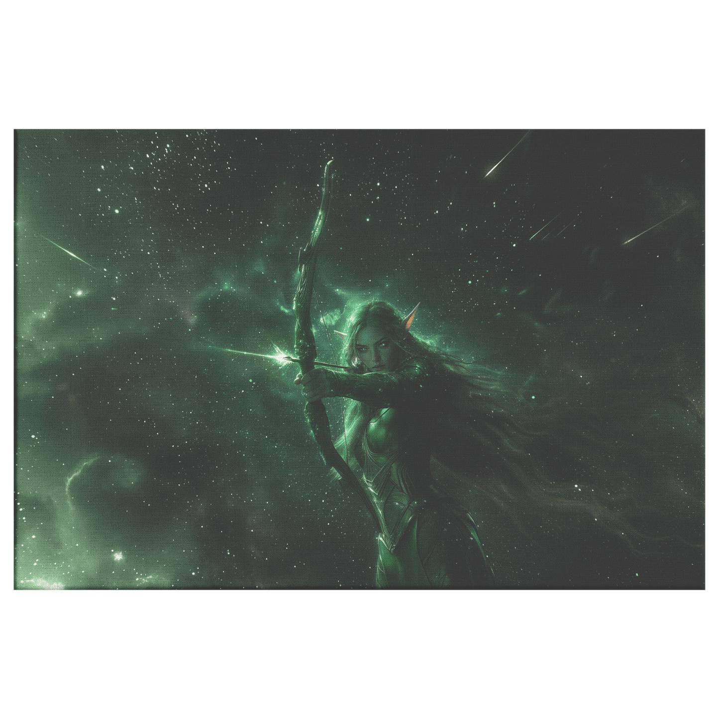 Stunning Female Night Elf Hunter in Green and Silver Armor with Glowing Bow Stars and Light Trails Canvas Wall Art - Awakening Righteousness