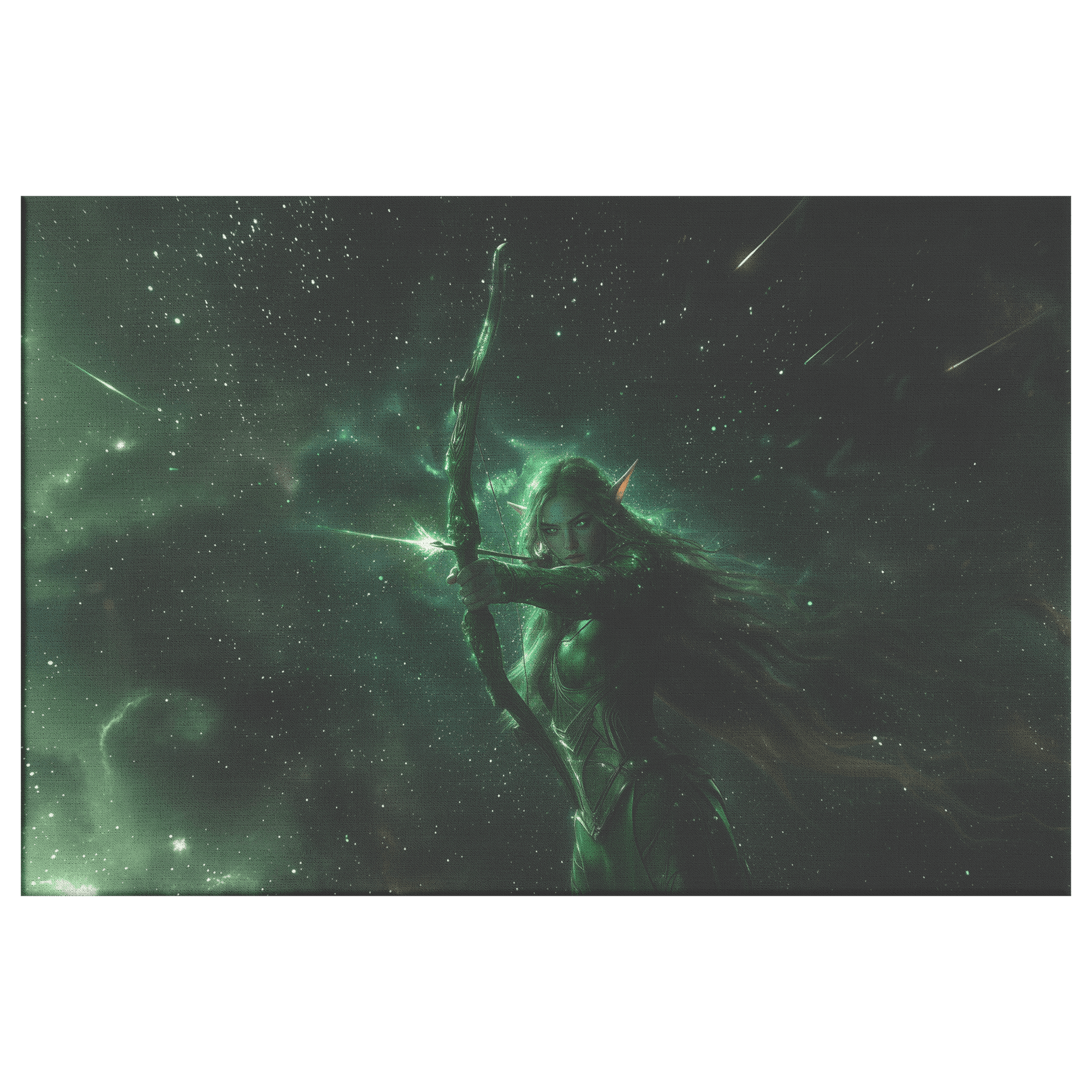 Stunning Female Night Elf Hunter in Green and Silver Armor with Glowing Bow Stars and Light Trails Canvas Wall Art - Awakening Righteousness