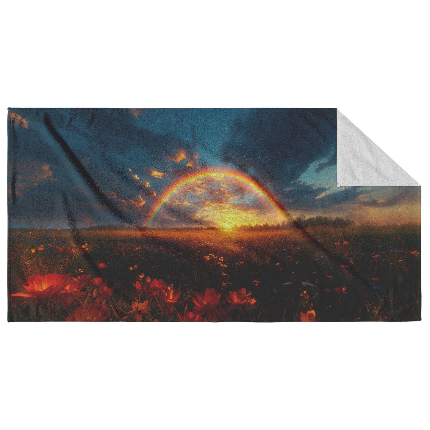 Stunning Rainbow Over Golden Field at Sunrise Beach Towel Glowing Soft Light Wildflowers Peaceful Blue Sky Clouds - Awakening Righteousness