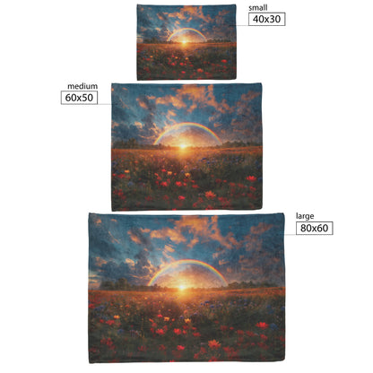 Stunning Rainbow Over Golden Field at Sunrise Soft Light Wildflowers Peaceful Blue Sky Fleece Sherpa Blanket - Awakening Righteousness