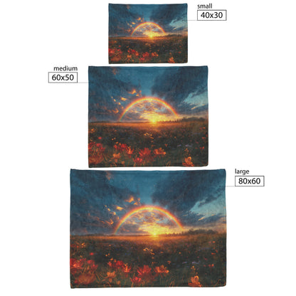 Stunning Rainbow Over Golden Field at Sunrise Soft Light Wildflowers Peaceful Blue Sky Fleece Sherpa Blanket - Awakening Righteousness