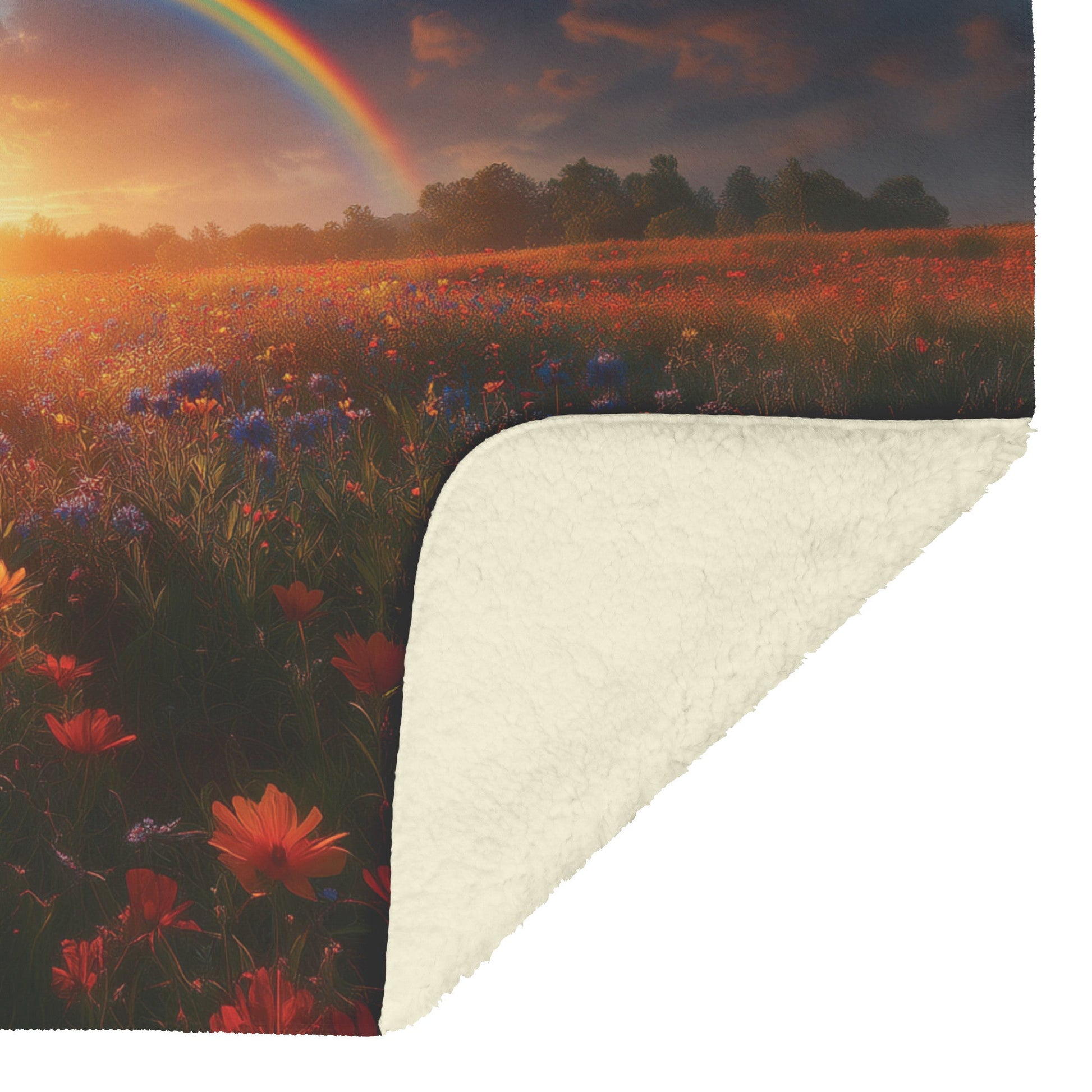 Stunning Rainbow Over Golden Field at Sunrise Soft Light Wildflowers Peaceful Blue Sky Fleece Sherpa Blanket - Awakening Righteousness