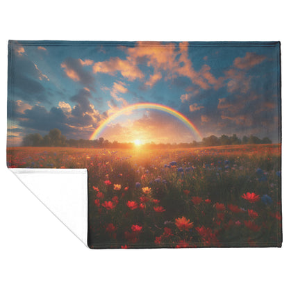 Stunning Rainbow Over Golden Field at Sunrise Soft Light Wildflowers Peaceful Blue Sky Fleece Sherpa Blanket - Awakening Righteousness