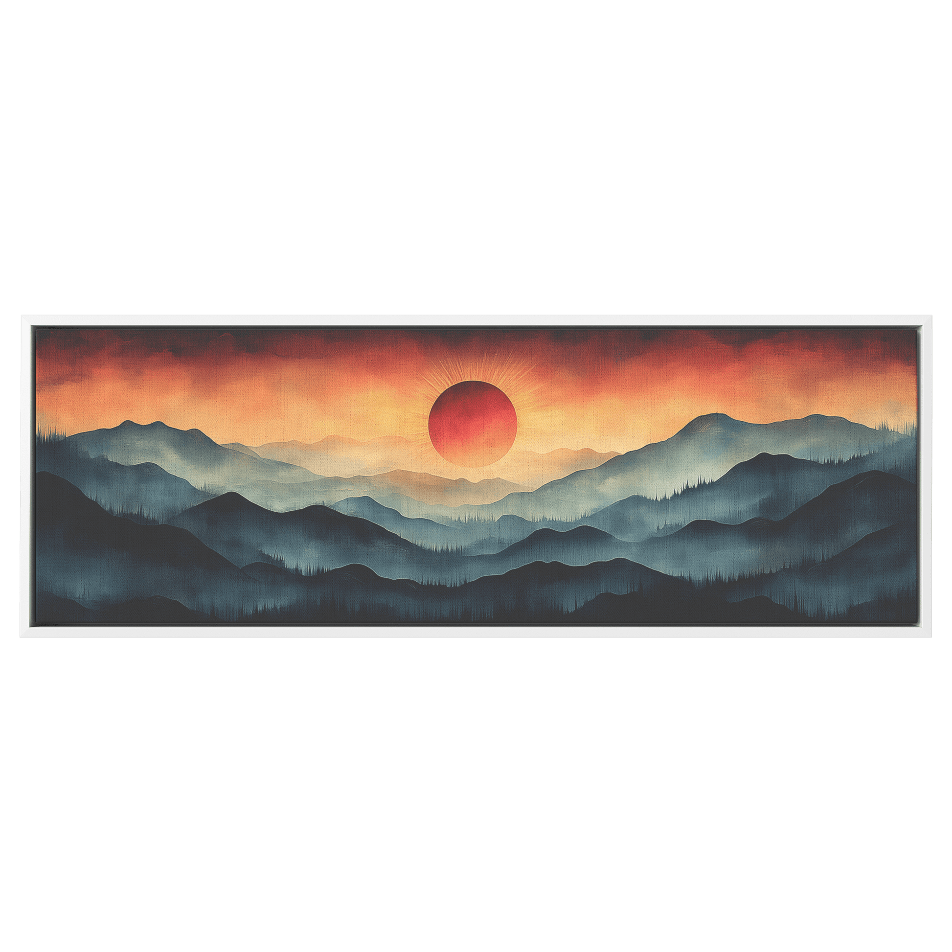 Stylized Boho Artwork Sunburst Abstract Hills Warm Earthy Tones Ultra High Definition Soft Gradients Panoramic Framed Canvas Wall Art - Awakening Righteousness