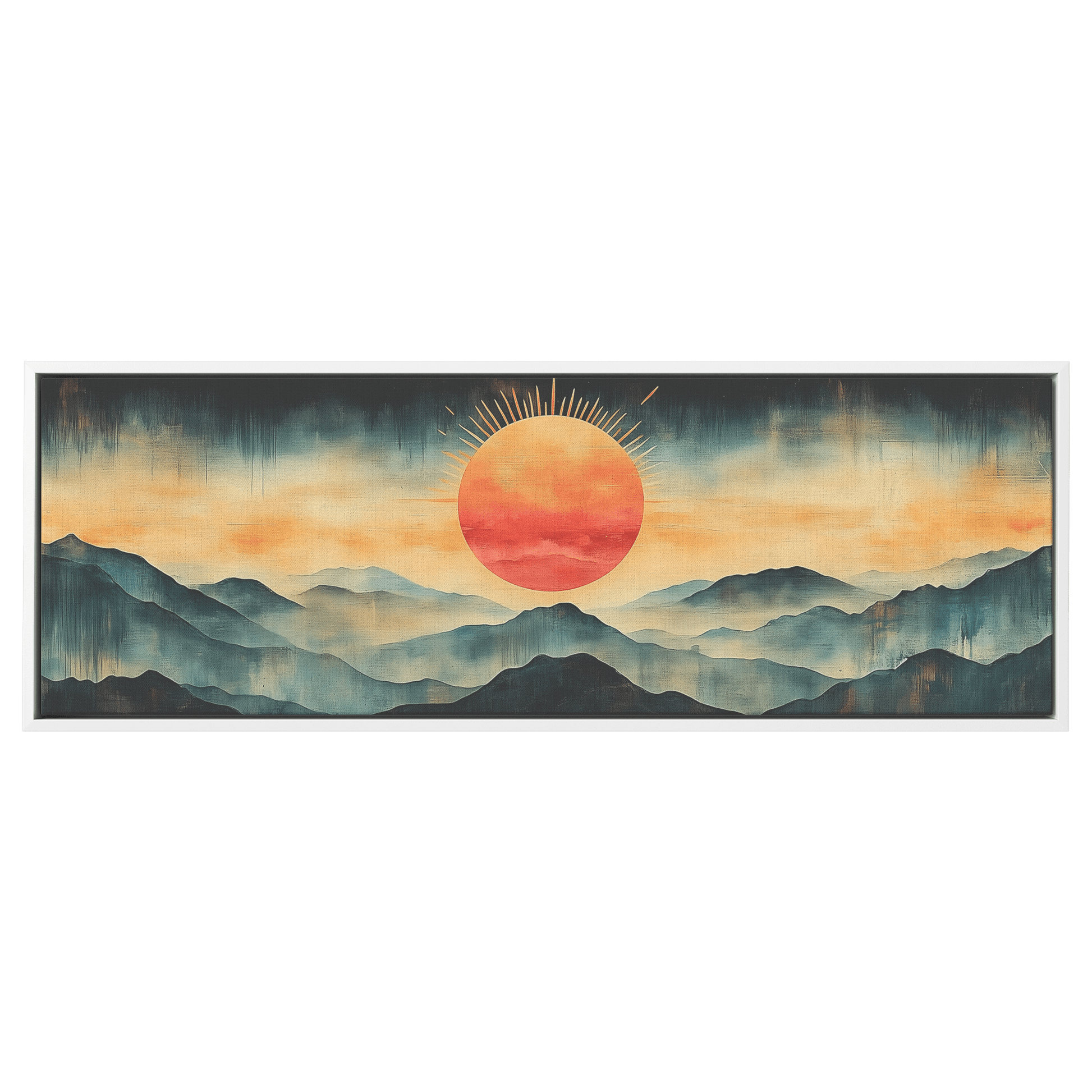 Stylized Boho Artwork Sunburst Abstract Hills Warm Earthy Tones Ultra High Definition Soft Gradients Panoramic Framed Canvas Wall Art - Awakening Righteousness