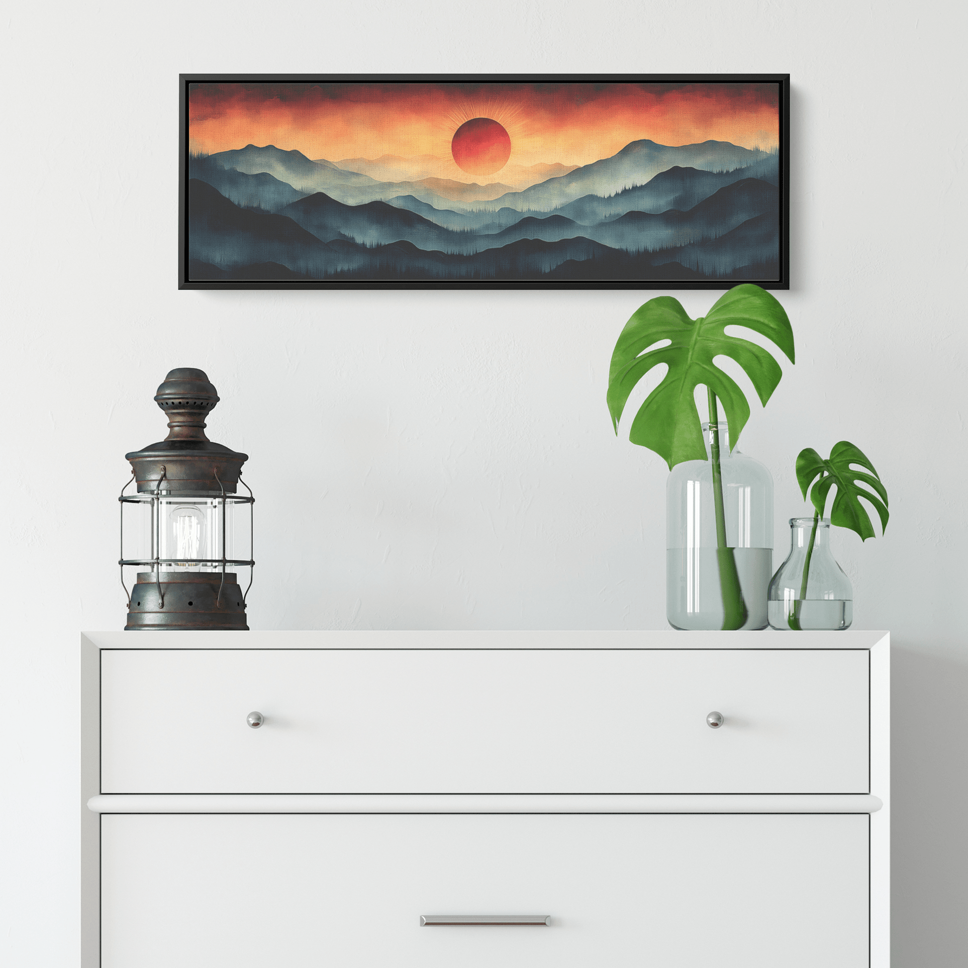 Stylized Boho Artwork Sunburst Abstract Hills Warm Earthy Tones Ultra High Definition Soft Gradients Panoramic Framed Canvas Wall Art - Awakening Righteousness