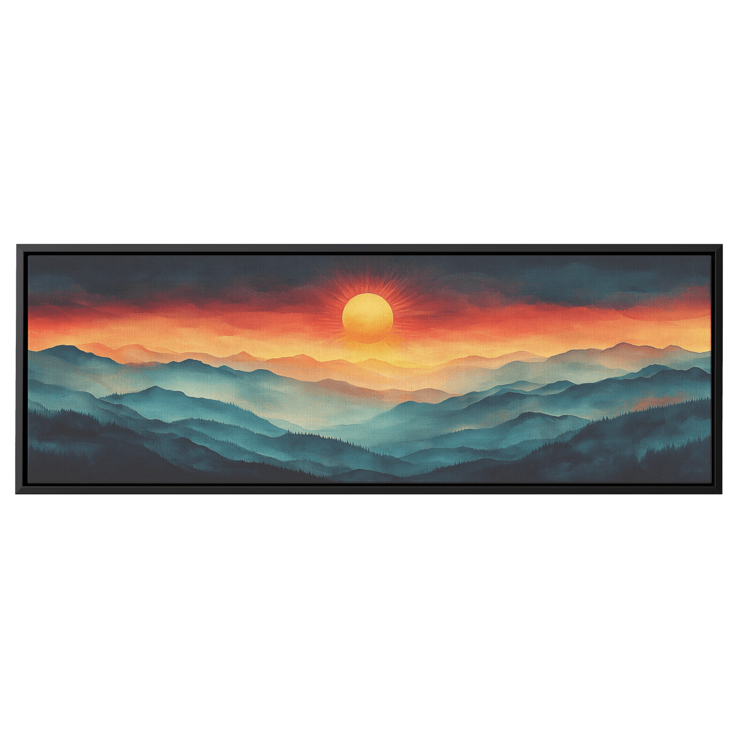 Stylized Boho Artwork Sunburst Abstract Hills Warm Earthy Tones Ultra High Definition Soft Gradients Panoramic Framed Canvas Wall Art - Awakening Righteousness
