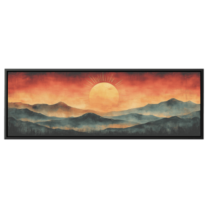 Stylized Boho Artwork Sunburst Abstract Hills Warm Earthy Tones Ultra High Definition Soft Gradients Panoramic Framed Canvas Wall Art - Awakening Righteousness