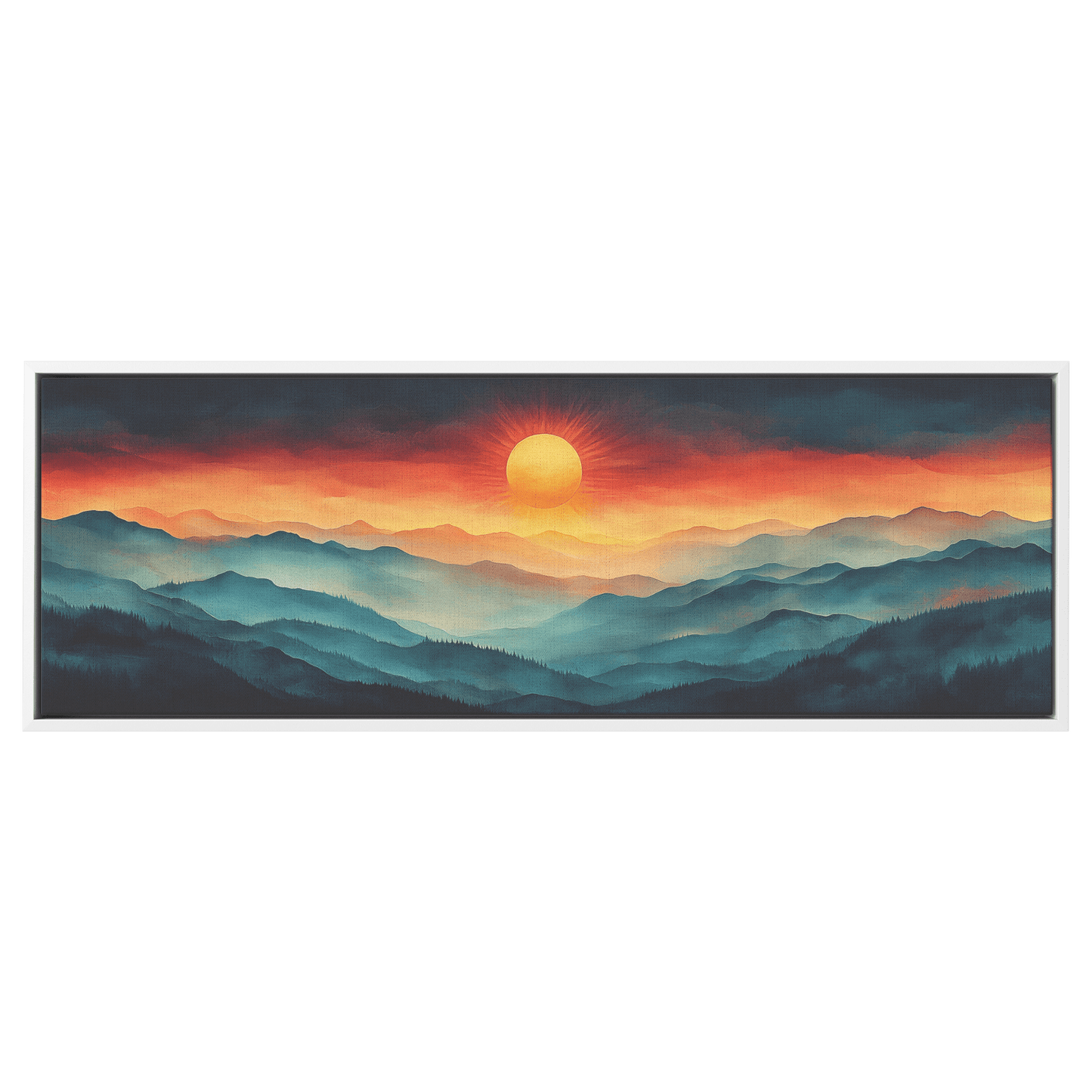 Stylized Boho Artwork Sunburst Abstract Hills Warm Earthy Tones Ultra High Definition Soft Gradients Panoramic Framed Canvas Wall Art - Awakening Righteousness