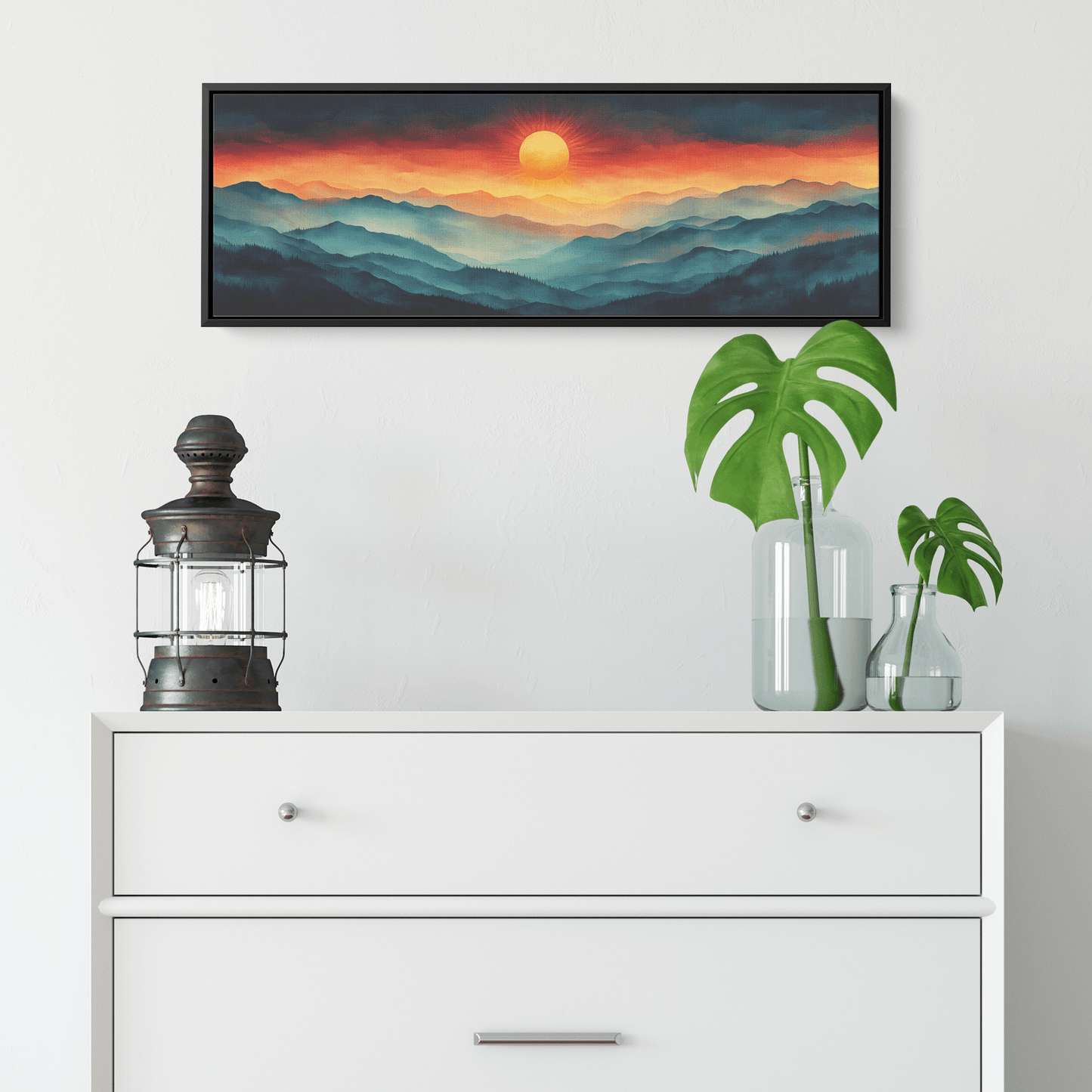Stylized Boho Artwork Sunburst Abstract Hills Warm Earthy Tones Ultra High Definition Soft Gradients Panoramic Framed Canvas Wall Art - Awakening Righteousness
