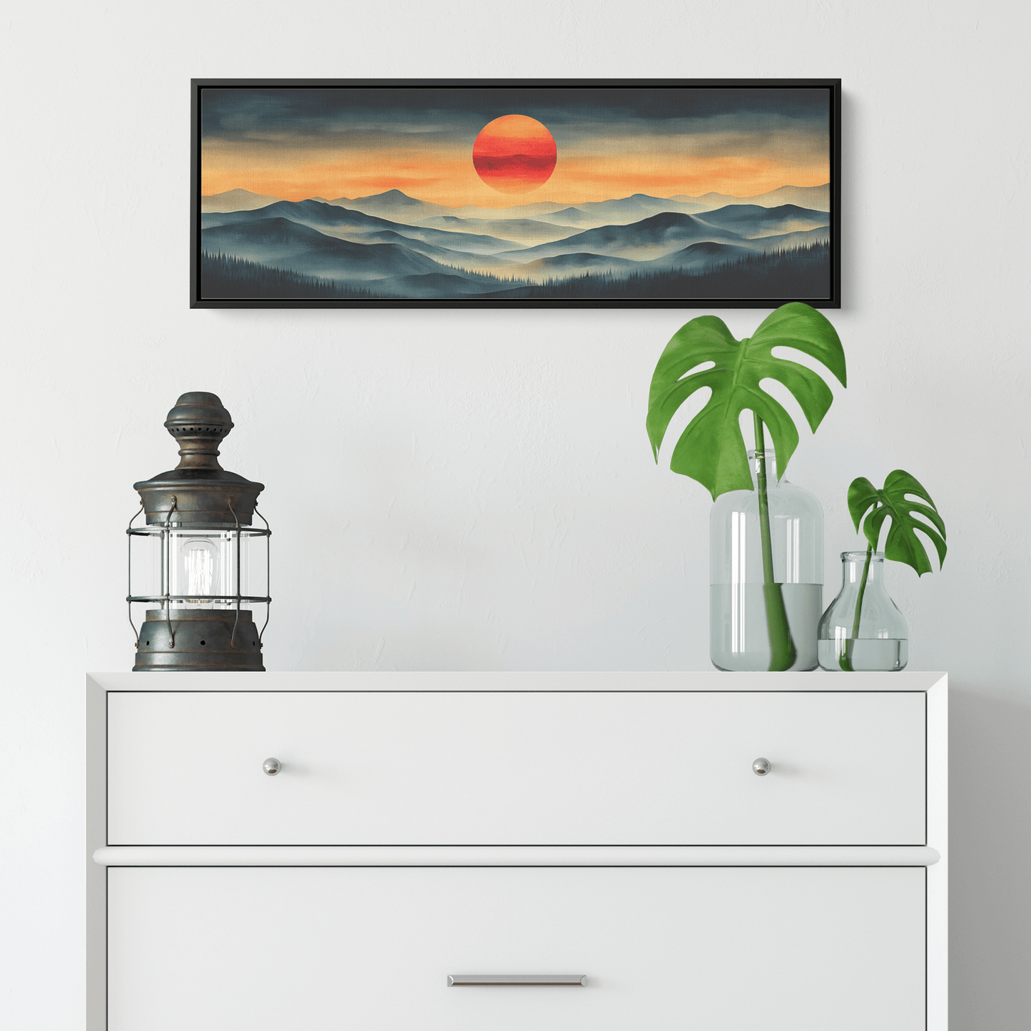 Stylized Boho Artwork Sunburst Abstract Hills Warm Earthy Tones Ultra High Definition Soft Gradients Panoramic Framed Canvas Wall Art - Awakening Righteousness