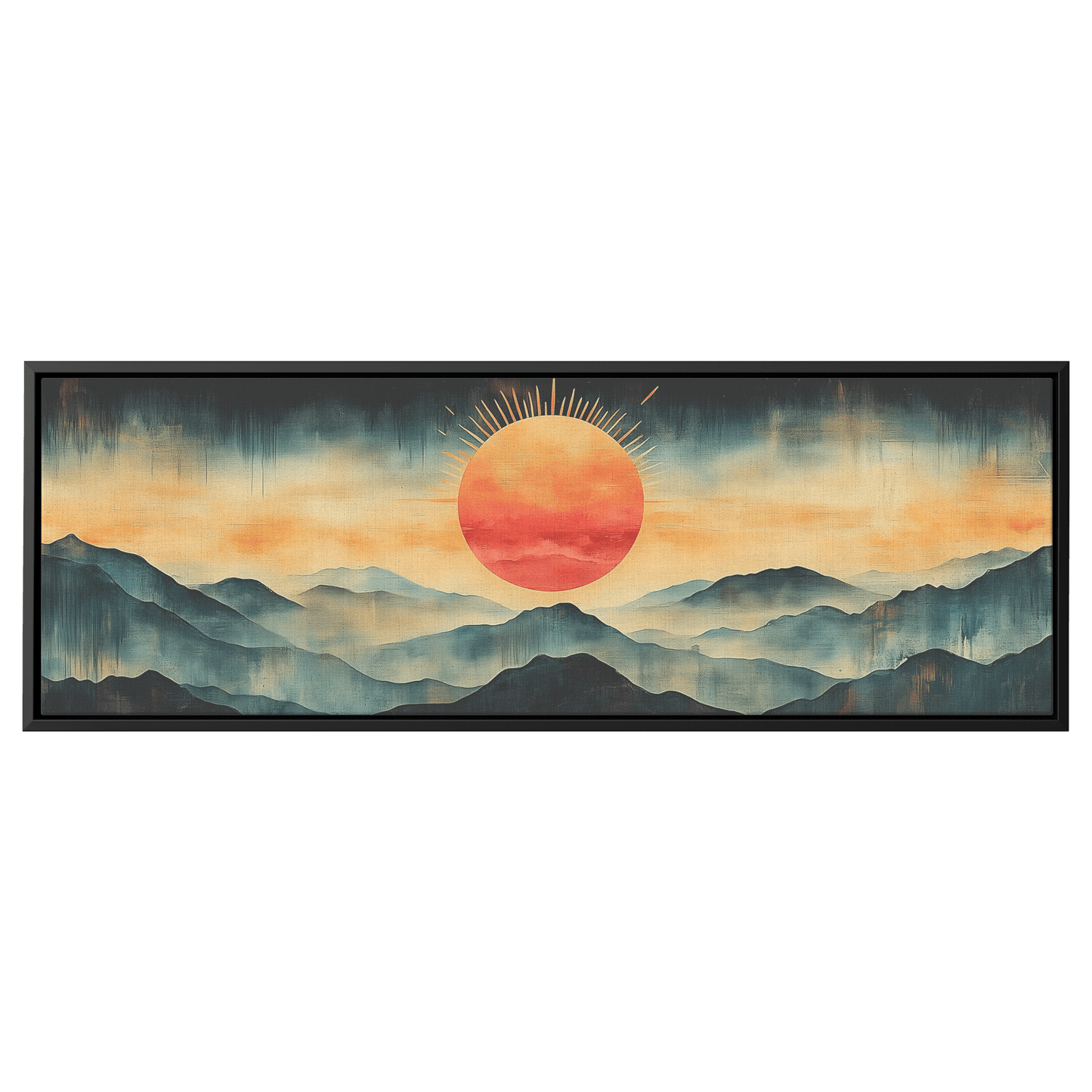 Stylized Boho Artwork Sunburst Abstract Hills Warm Earthy Tones Ultra High Definition Soft Gradients Panoramic Framed Canvas Wall Art - Awakening Righteousness
