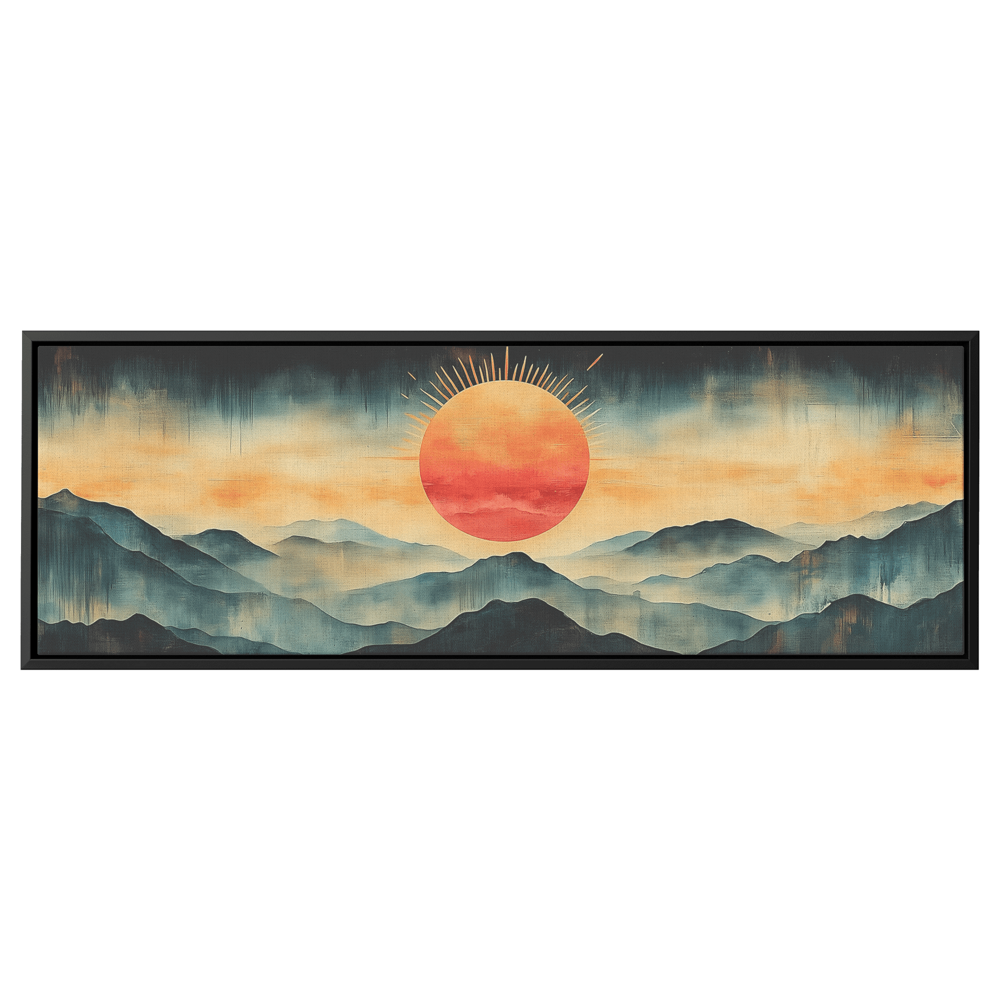 Stylized Boho Artwork Sunburst Abstract Hills Warm Earthy Tones Ultra High Definition Soft Gradients Panoramic Framed Canvas Wall Art - Awakening Righteousness