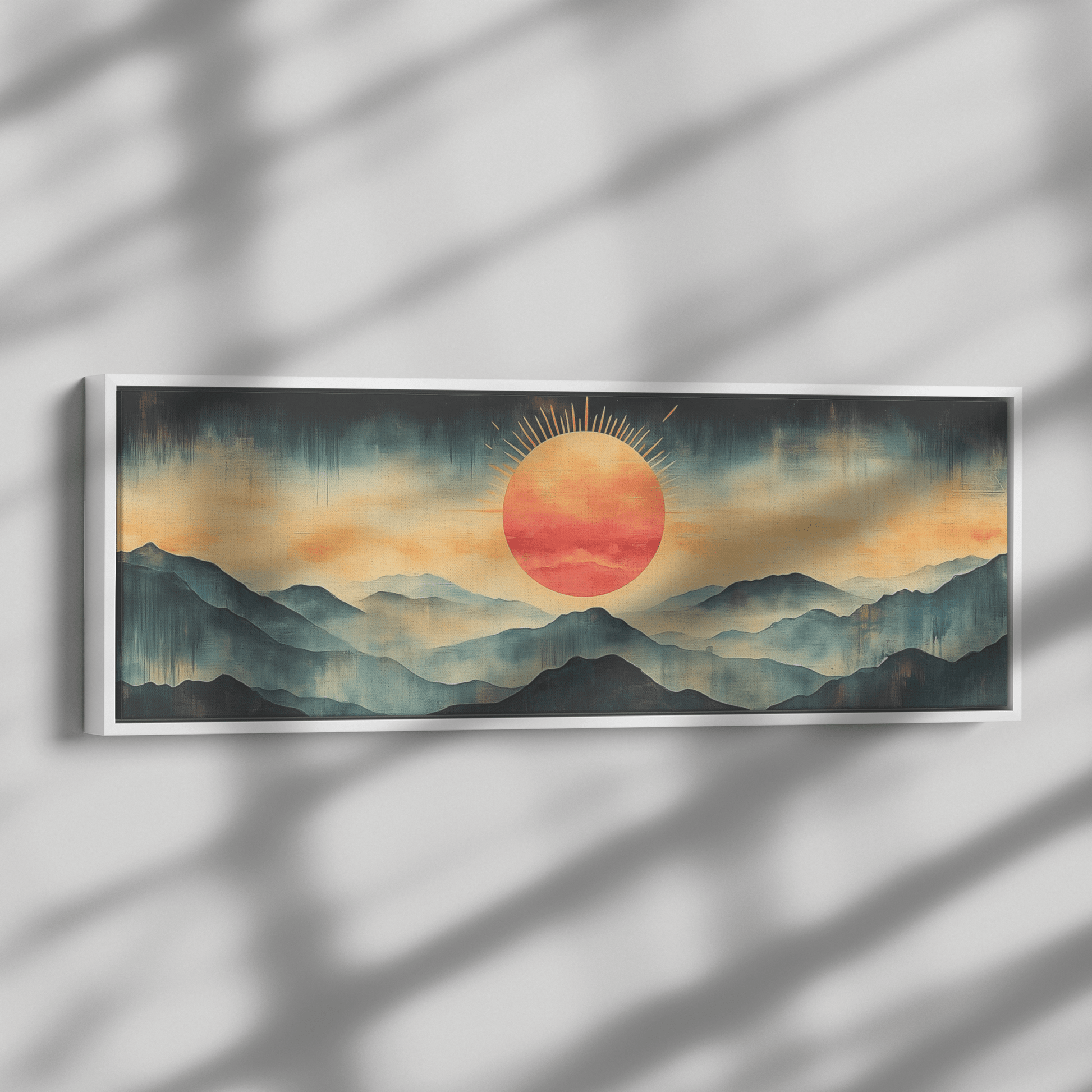 Stylized Boho Artwork Sunburst Abstract Hills Warm Earthy Tones Ultra High Definition Soft Gradients Panoramic Framed Canvas Wall Art - Awakening Righteousness