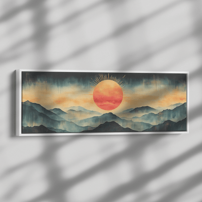Stylized Boho Artwork Sunburst Abstract Hills Warm Earthy Tones Ultra High Definition Soft Gradients Panoramic Framed Canvas Wall Art - Awakening Righteousness