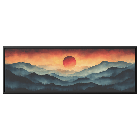 Stylized Boho Artwork Sunburst Abstract Hills Warm Earthy Tones Ultra High Definition Soft Gradients Panoramic Framed Canvas Wall Art - Awakening Righteousness