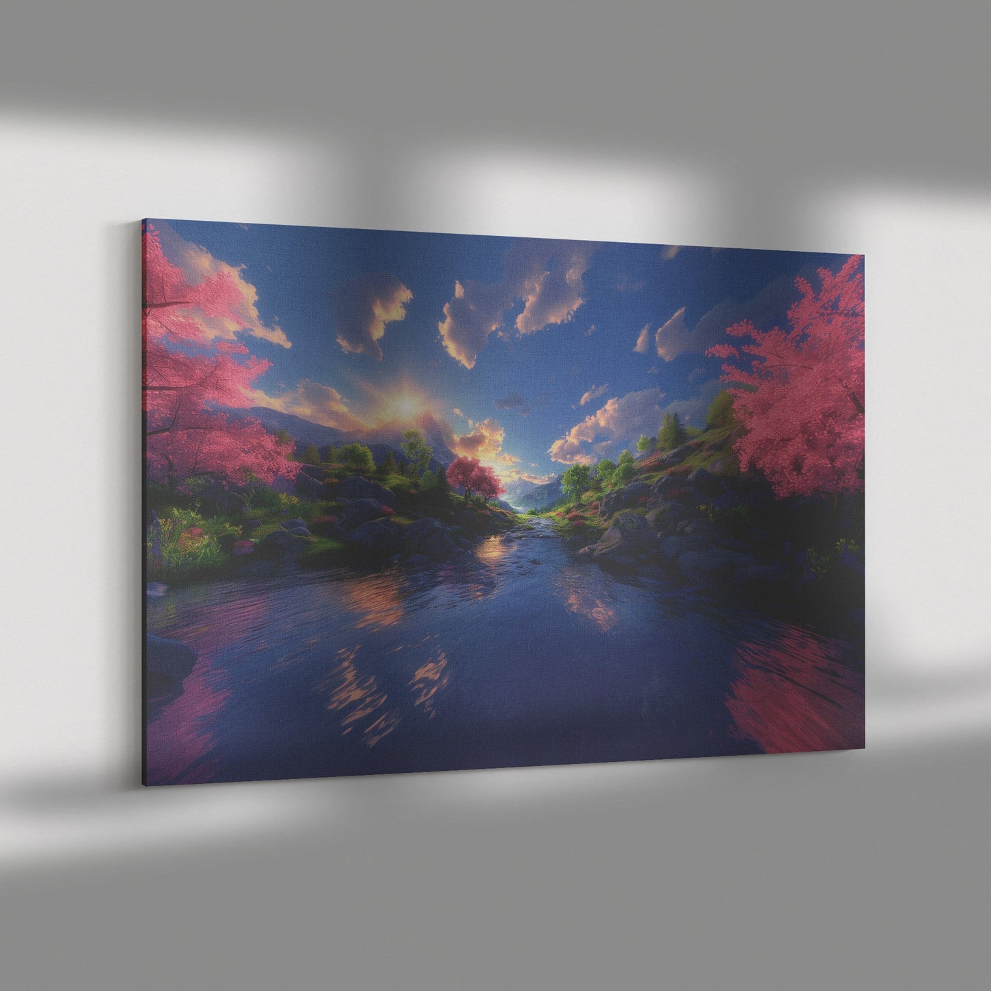 Sunlit River Valley with Blossoming Trees and Mountain Views Christian Canvas Wall Art Decor - Awakening Righteousness