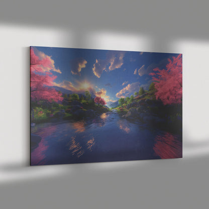 Sunlit River Valley with Blossoming Trees and Mountain Views Christian Canvas Wall Art Decor - Awakening Righteousness