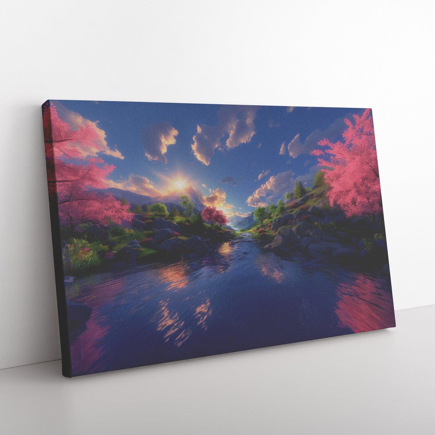 Sunlit River Valley with Blossoming Trees and Mountain Views Christian Canvas Wall Art Decor - Awakening Righteousness