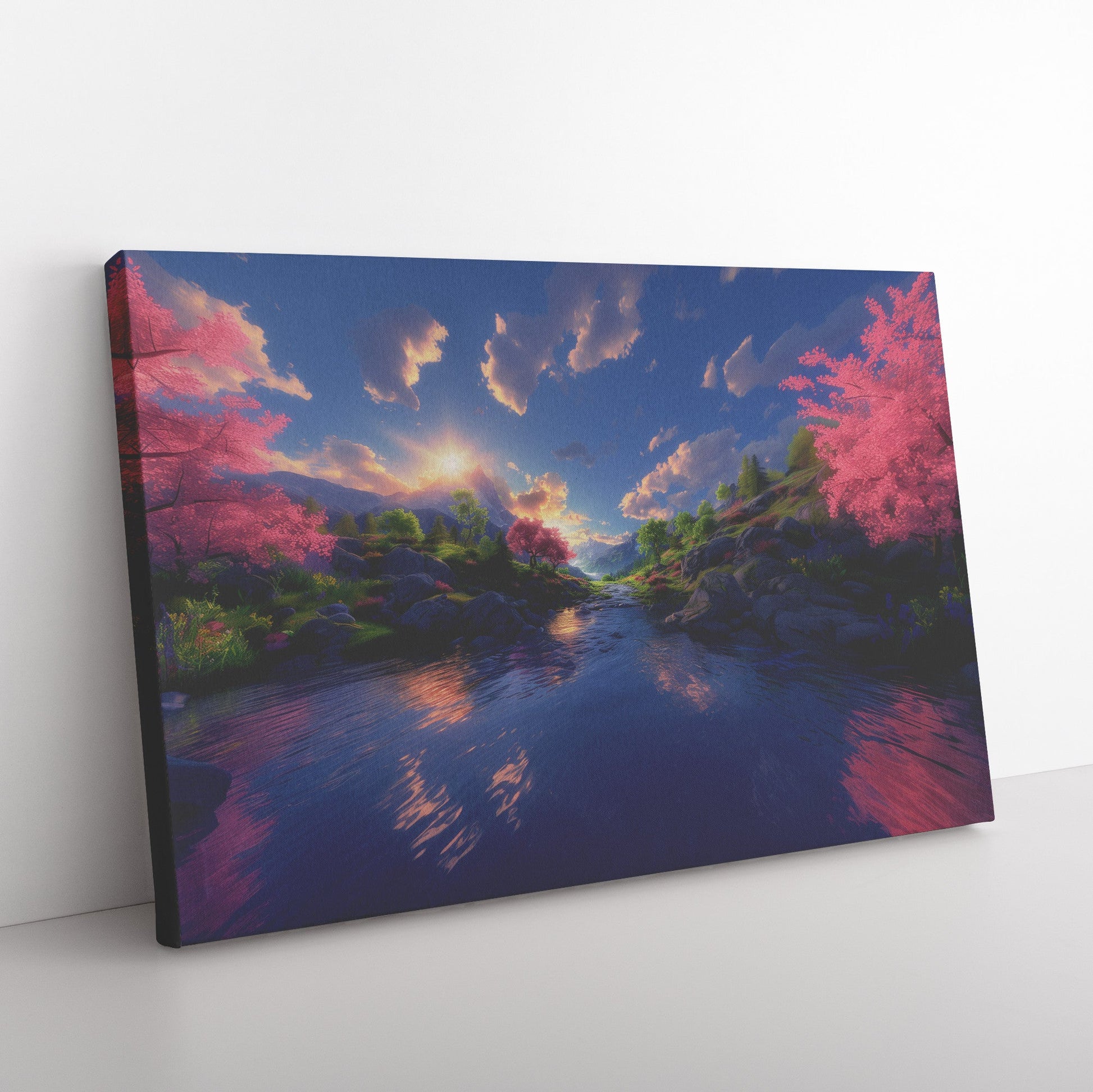 Sunlit River Valley with Blossoming Trees and Mountain Views Christian Canvas Wall Art Decor - Awakening Righteousness