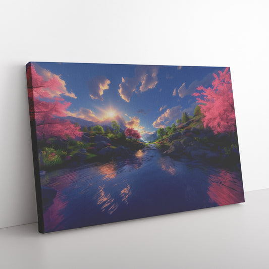 Sunlit River Valley with Blossoming Trees and Mountain Views Christian Canvas Wall Art Decor - Awakening Righteousness
