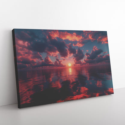 Sunrise Over Reflective Celestial Sea Golden Rays Glowing Clouds Pink Orange Violet Serene Waters Canvas Art - Awakening Righteousness