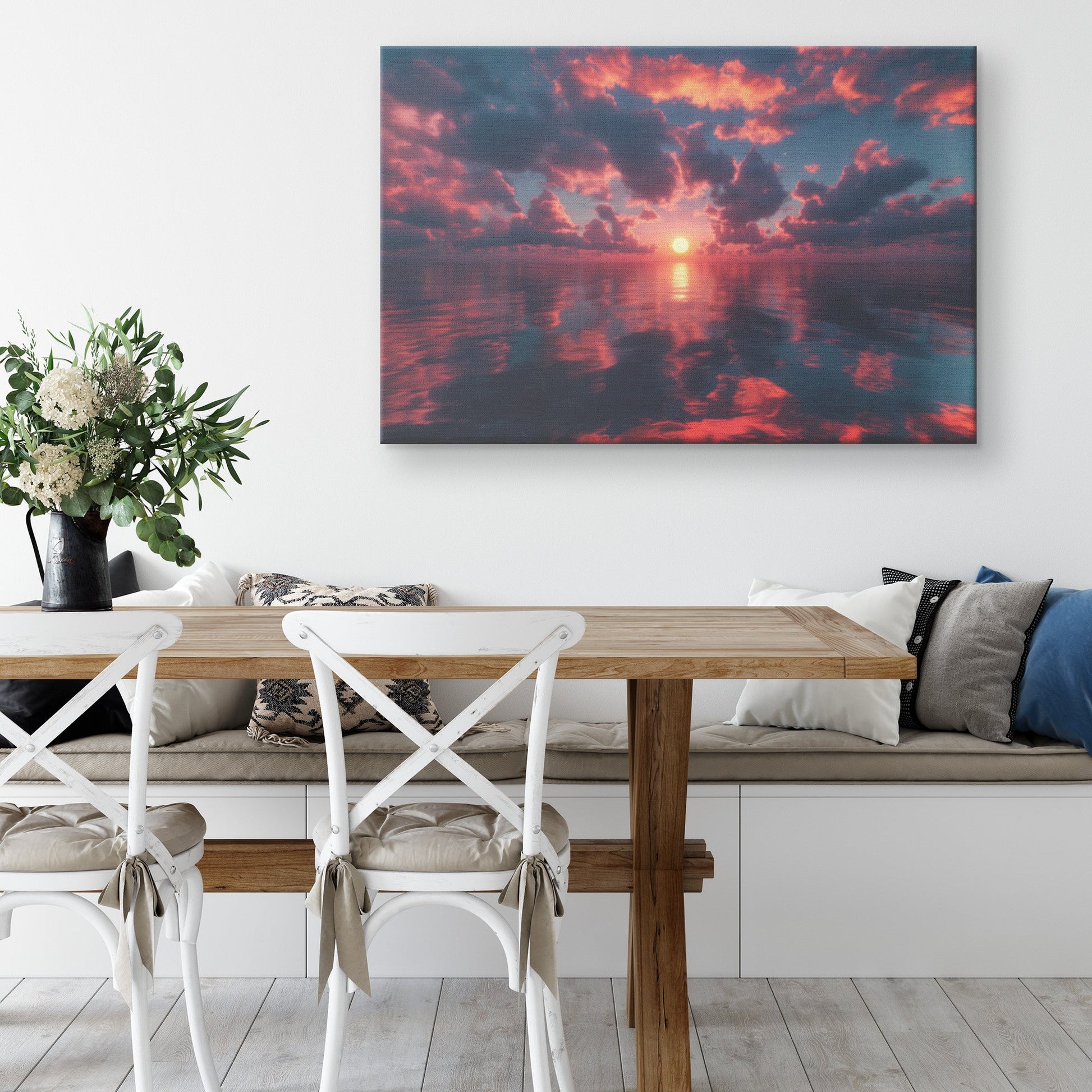 Sunrise Over Reflective Celestial Sea Golden Rays Glowing Clouds Pink Orange Violet Serene Waters Canvas Art - Awakening Righteousness