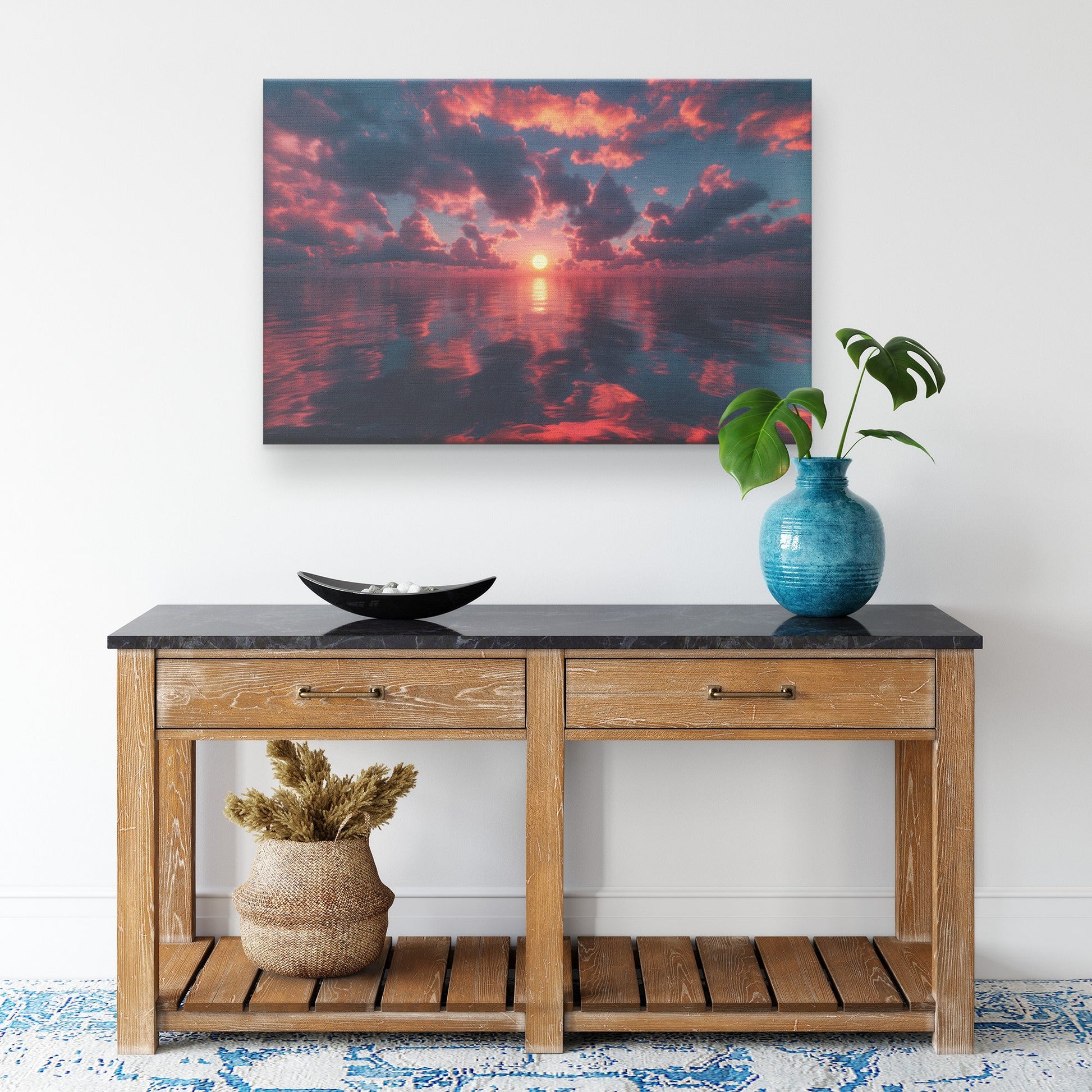 Sunrise Over Reflective Celestial Sea Golden Rays Glowing Clouds Pink Orange Violet Serene Waters Canvas Art - Awakening Righteousness