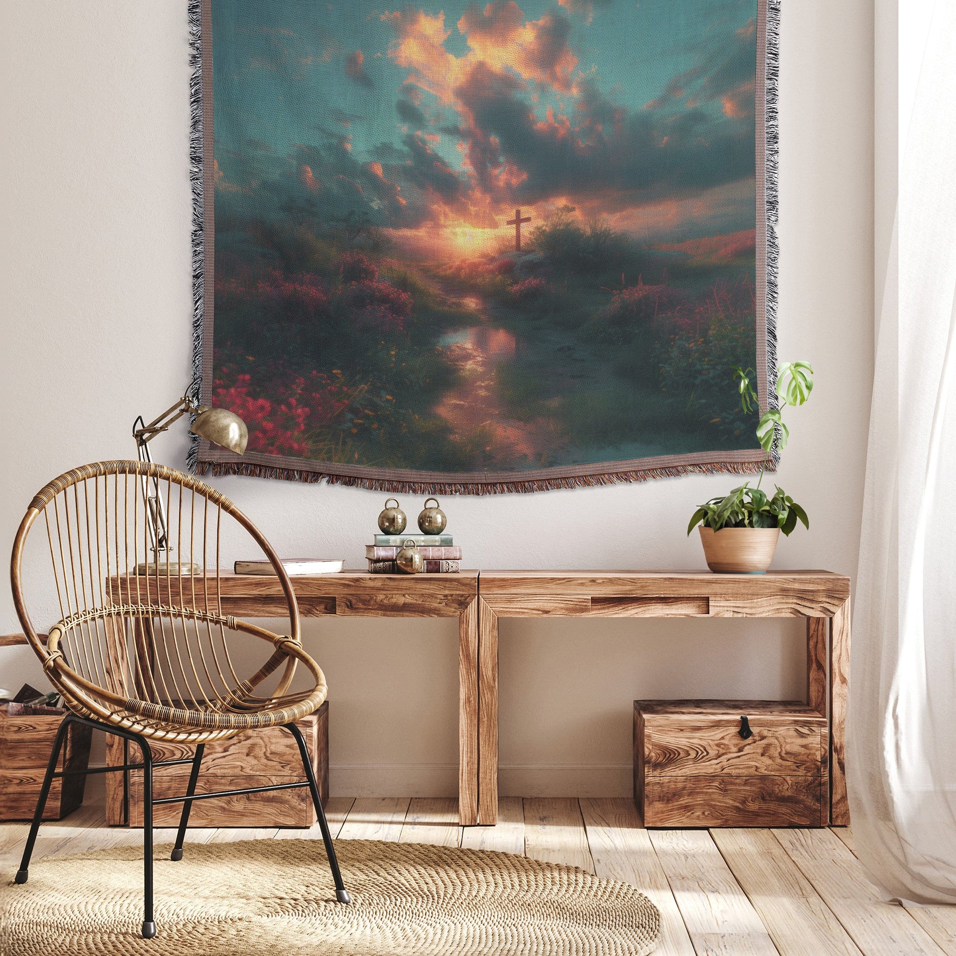 Sunset Cross in Blooming Meadow Woven Throw Blanket - Awakening Righteousness