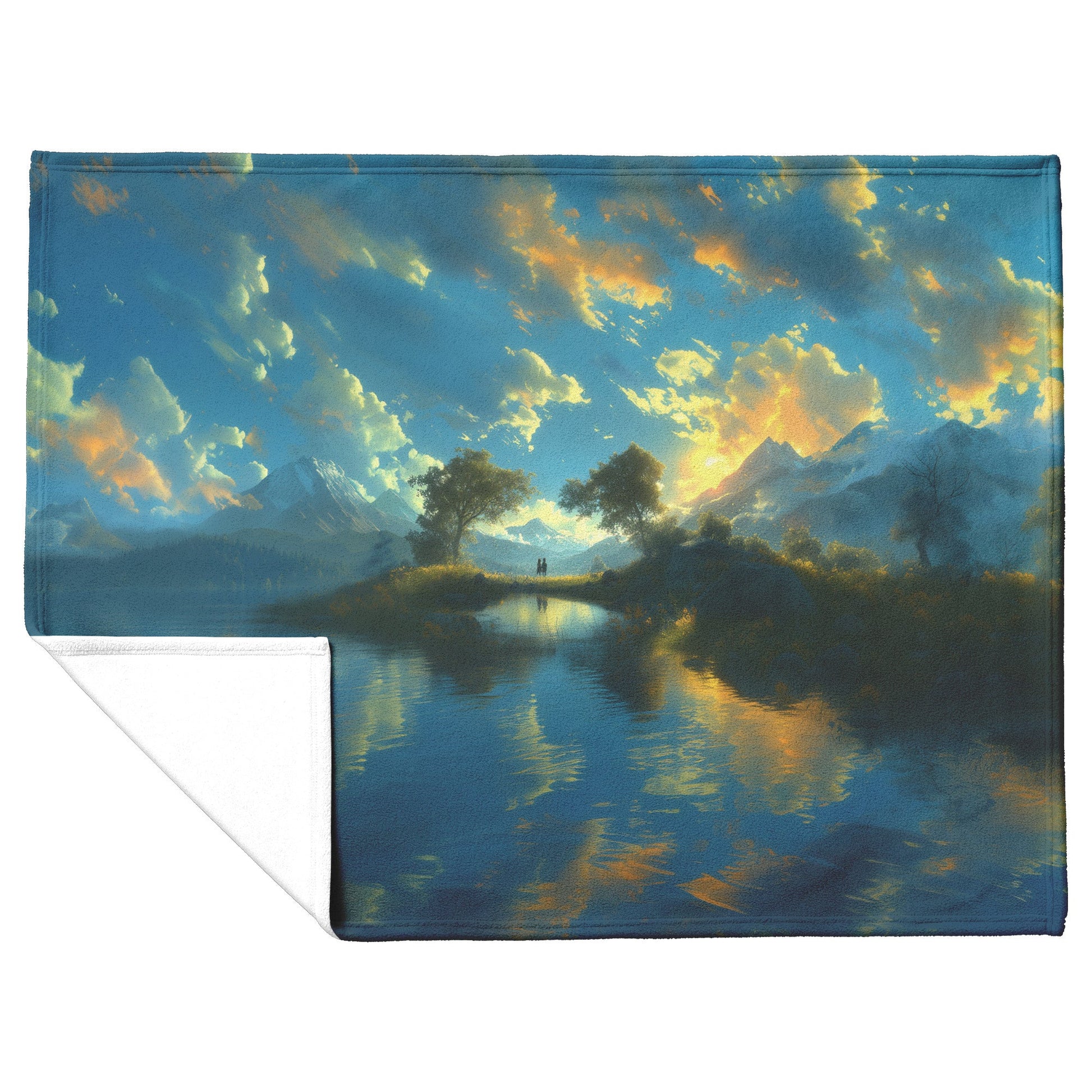 Sunset Mountain Reflection Fleece Sherpa Blanket with Couple on Bridge by Tranquil Lake - Awakening Righteousness