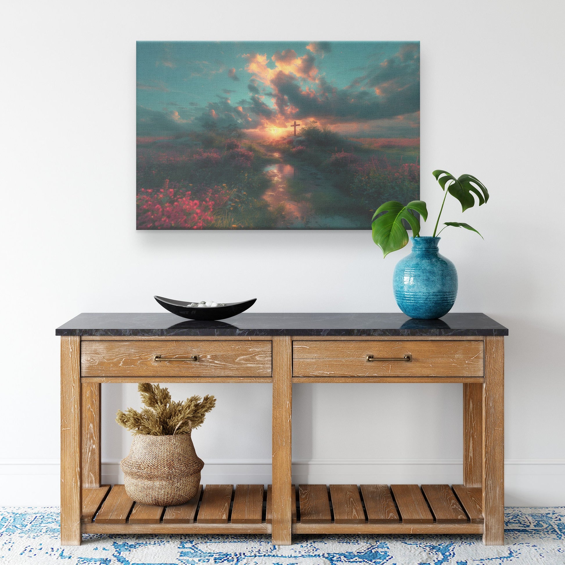 Sunset Over Cross in Blooming Meadow with Reflective Stream Canvas Wall Art Decor - Awakening Righteousness