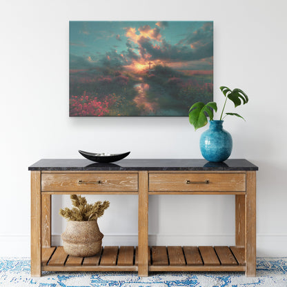 Sunset Over Cross in Blooming Meadow with Reflective Stream Canvas Wall Art Decor - Awakening Righteousness