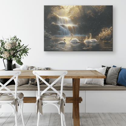 Swan Family Resting By Glowing Waterfall With Lush Plants And Vibrant Wildflowers Under Golden Light Canvas Wall Art Decor - Awakening Righteousness