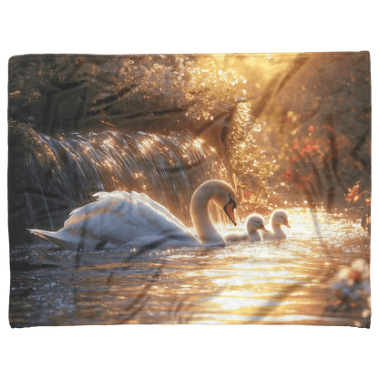 Swan Family Resting Near Glowing Waterfall Surrounded by Lush Plants and Wildflowers Under Golden Light Fleece Sherpa Blanket - Awakening Righteousness