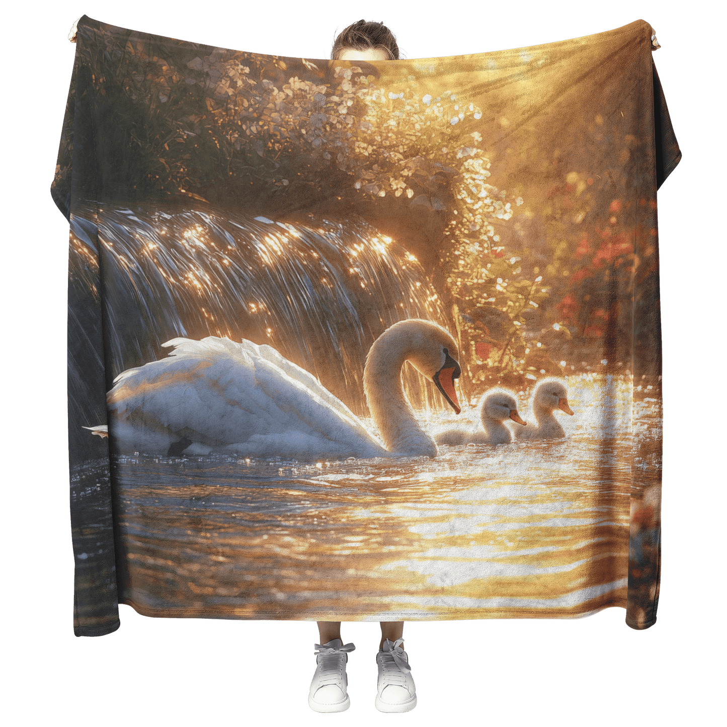 Swan Family Resting Near Glowing Waterfall Surrounded by Lush Plants and Wildflowers Under Golden Light Fleece Sherpa Blanket - Awakening Righteousness